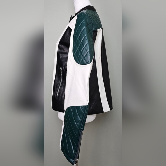 Color-block Vegan Leather Moto Jacket Black White Dark Green LARGE - Picture 6 of 13